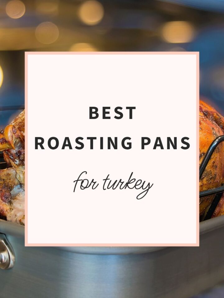 Roasted turkey in a roasting pan with the text