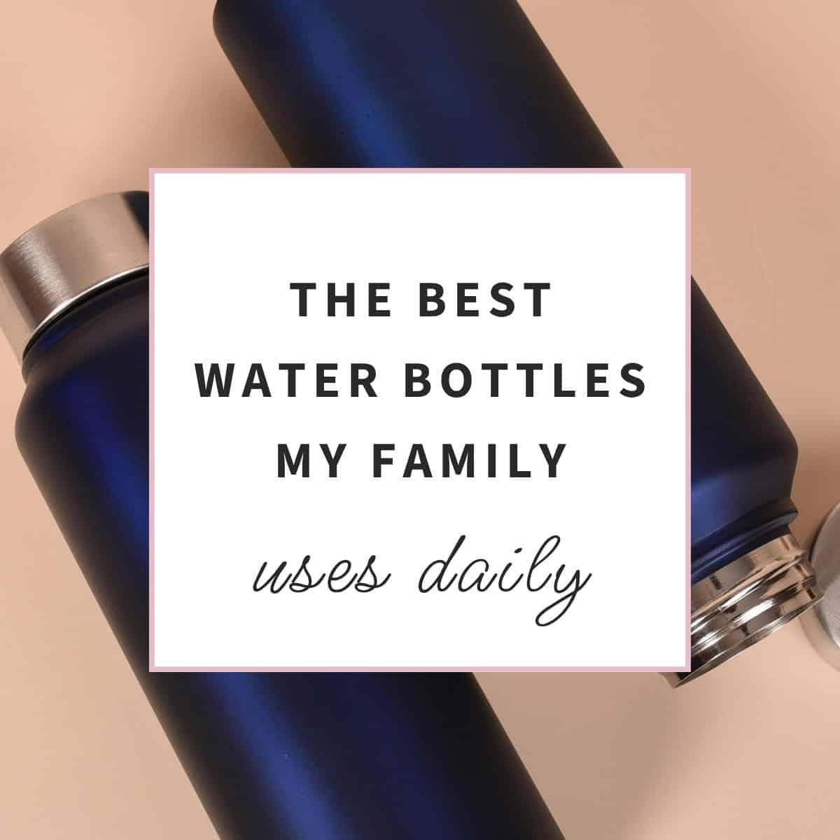 Two matte navy stainless steel reusable water bottles with silver caps placed on a light beige background, representing durable insulated water bottles for everyday hydration, work, school, travel, and outdoor activities.