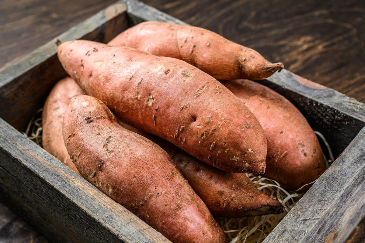 Fresh sweet potatoes arranged in a rustic wooden box.