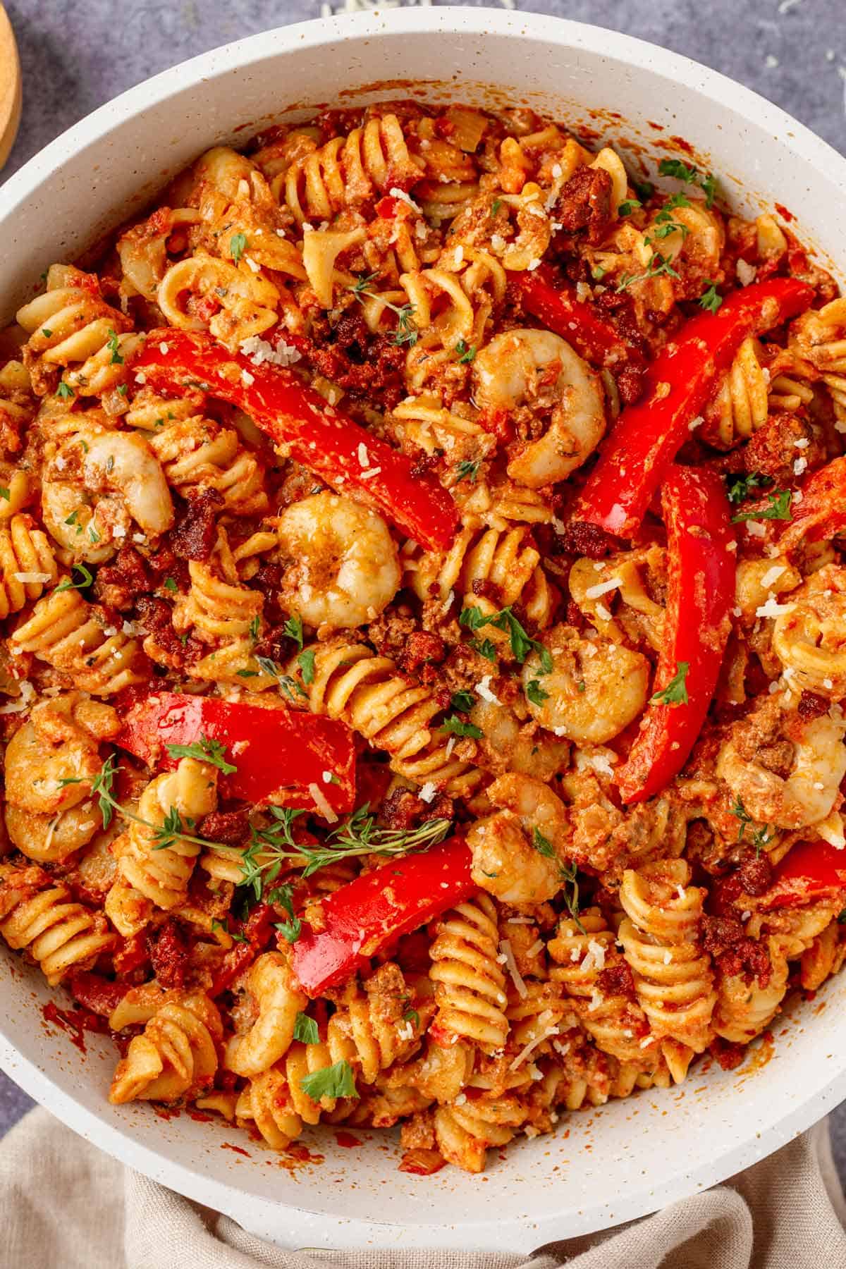 close up for cajun shrimp pasta with sausage