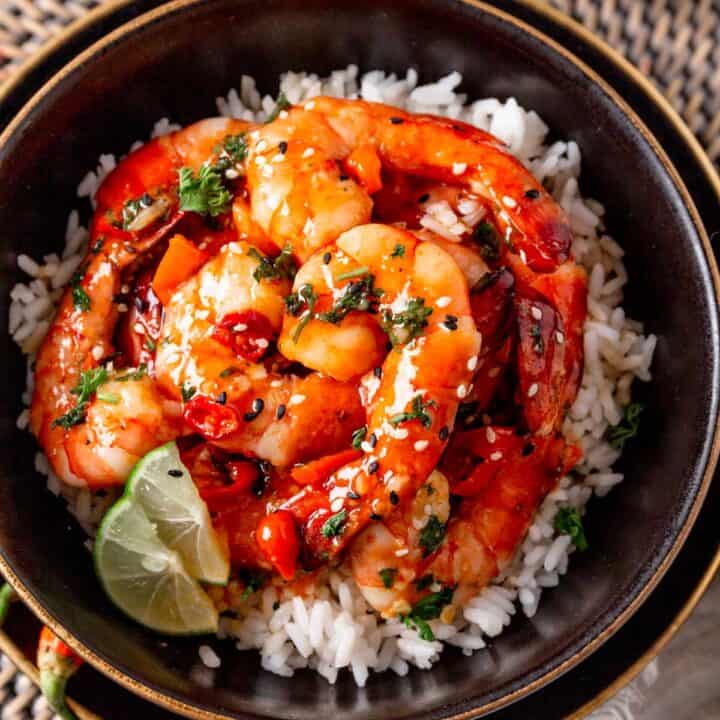 Easy Sweet Chili Garlic Shrimp in a bowl over rice