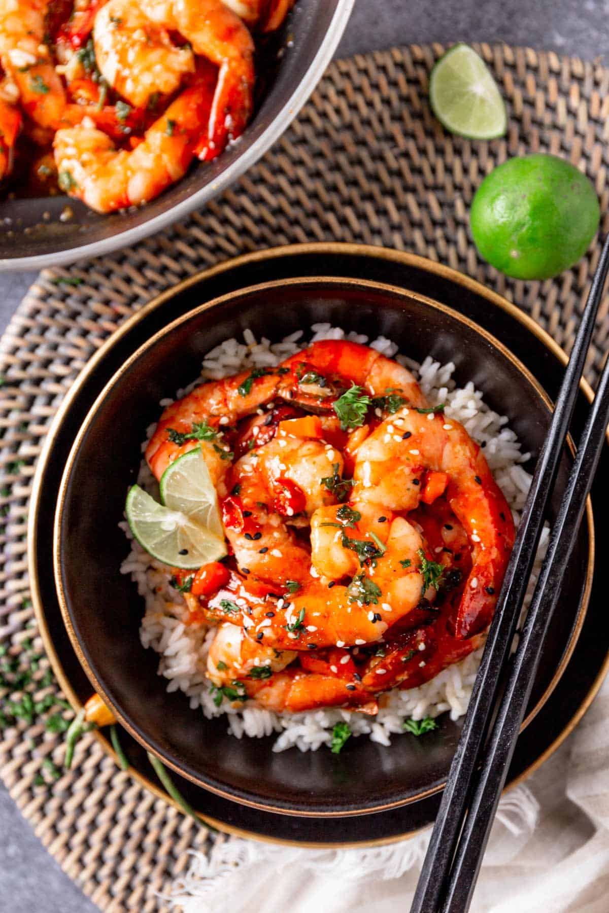 Easy Sweet Chili Garlic Shrimp in a bowl over rice