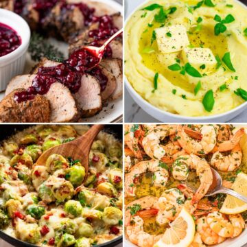 A collage of four holiday dishes featuring sliced turkey with cranberry sauce, creamy mashed potatoes, cheesy Brussels sprouts casserole, and garlic butter shrimp with lemon.