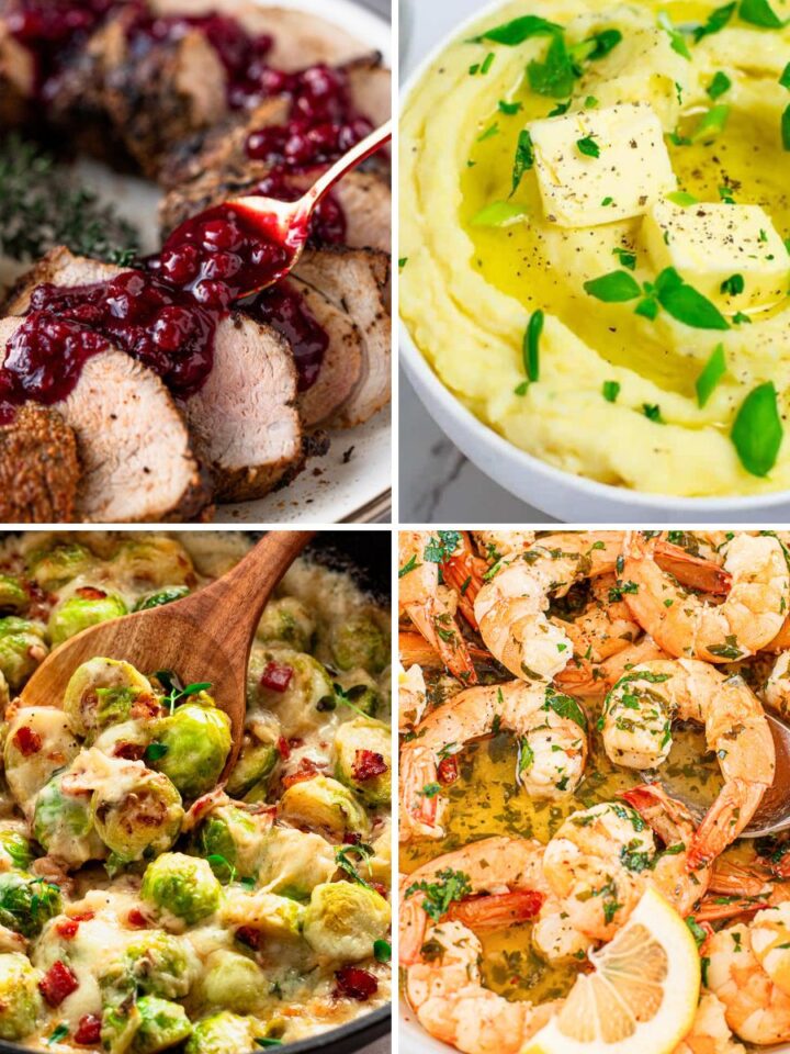 A collage of four holiday dishes featuring sliced turkey with cranberry sauce, creamy mashed potatoes, cheesy Brussels sprouts casserole, and garlic butter shrimp with lemon.