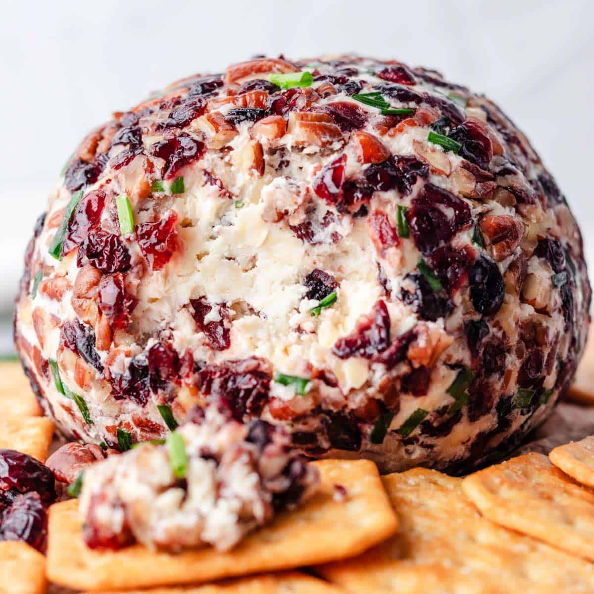 Cranberry pecan cheese ball with crackers.