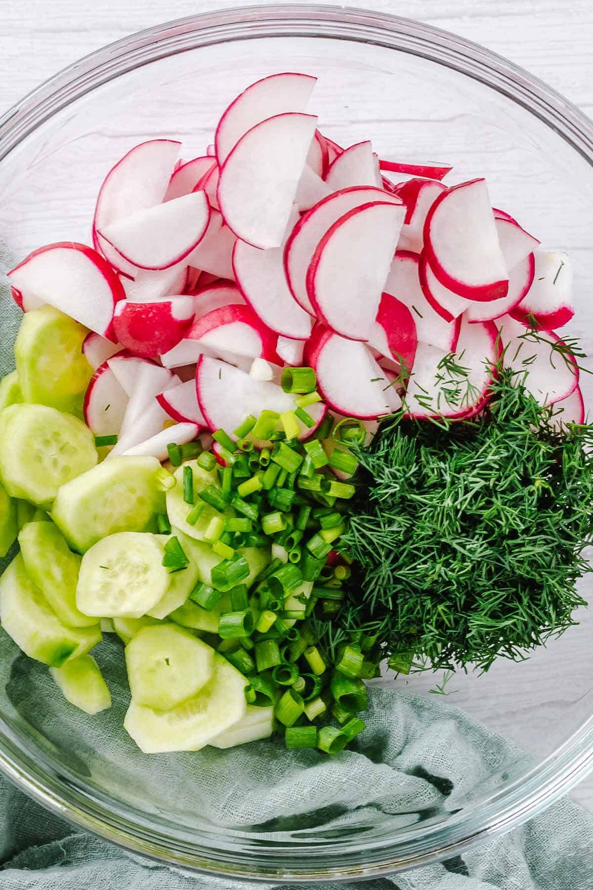 slices radishes cucumbers dill and spring onions in a bowl without dressing
