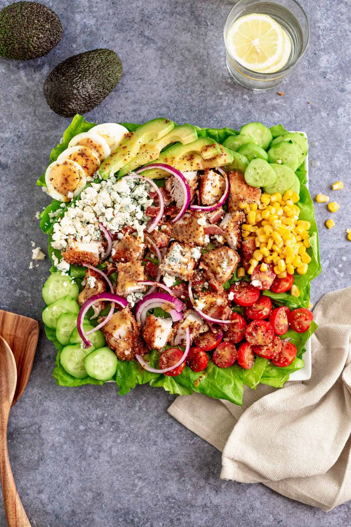 Cobb Salad With Breaded Chicken in a square platter