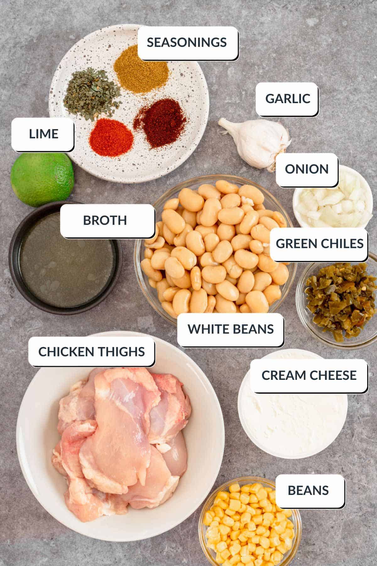 Ingredients for Crock Pot Chicken Chili Cream Cheese
