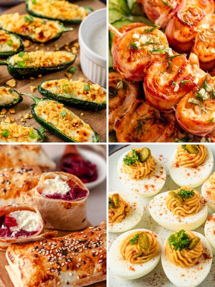 A collage of four festive appetizers featuring stuffed jalapeños, glazed shrimp, golden puff pastry bites with cranberry filling, and deviled eggs.