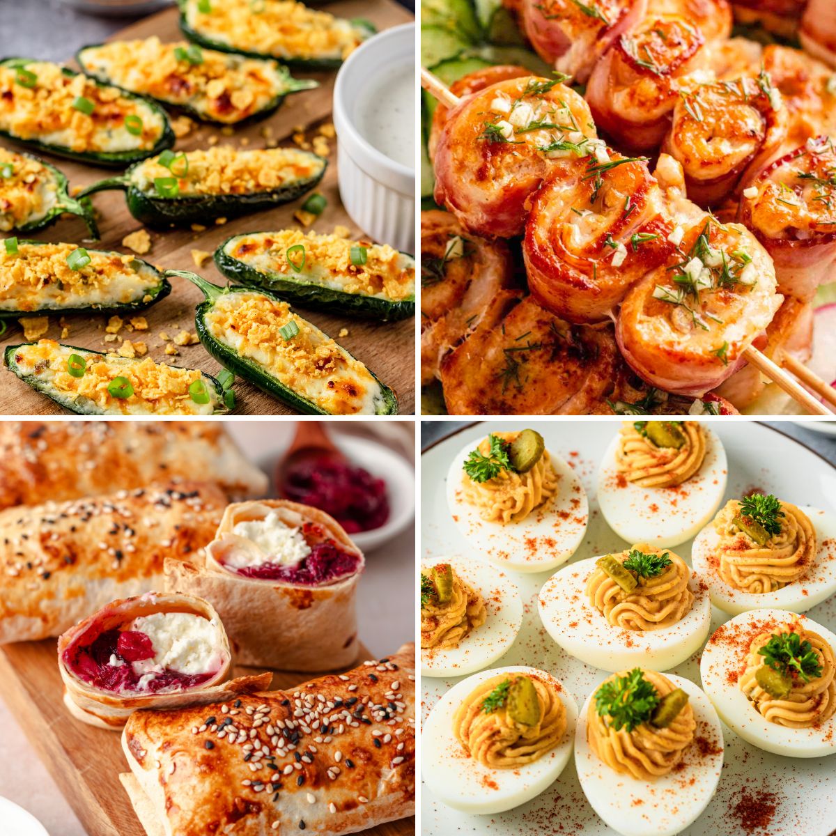 A collage of four festive appetizers featuring stuffed jalapeños, glazed shrimp, golden puff pastry bites with cranberry filling, and deviled eggs.