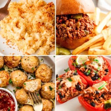 Collage of kid-friendly dinner ideas including baked mac and cheese, sloppy joes, meatballs, and stuffed peppers.