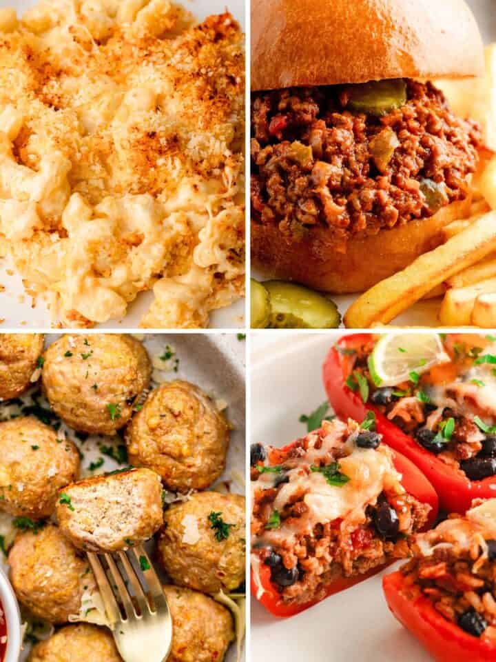 Collage of kid-friendly dinner ideas including baked mac and cheese, sloppy joes, meatballs, and stuffed peppers.