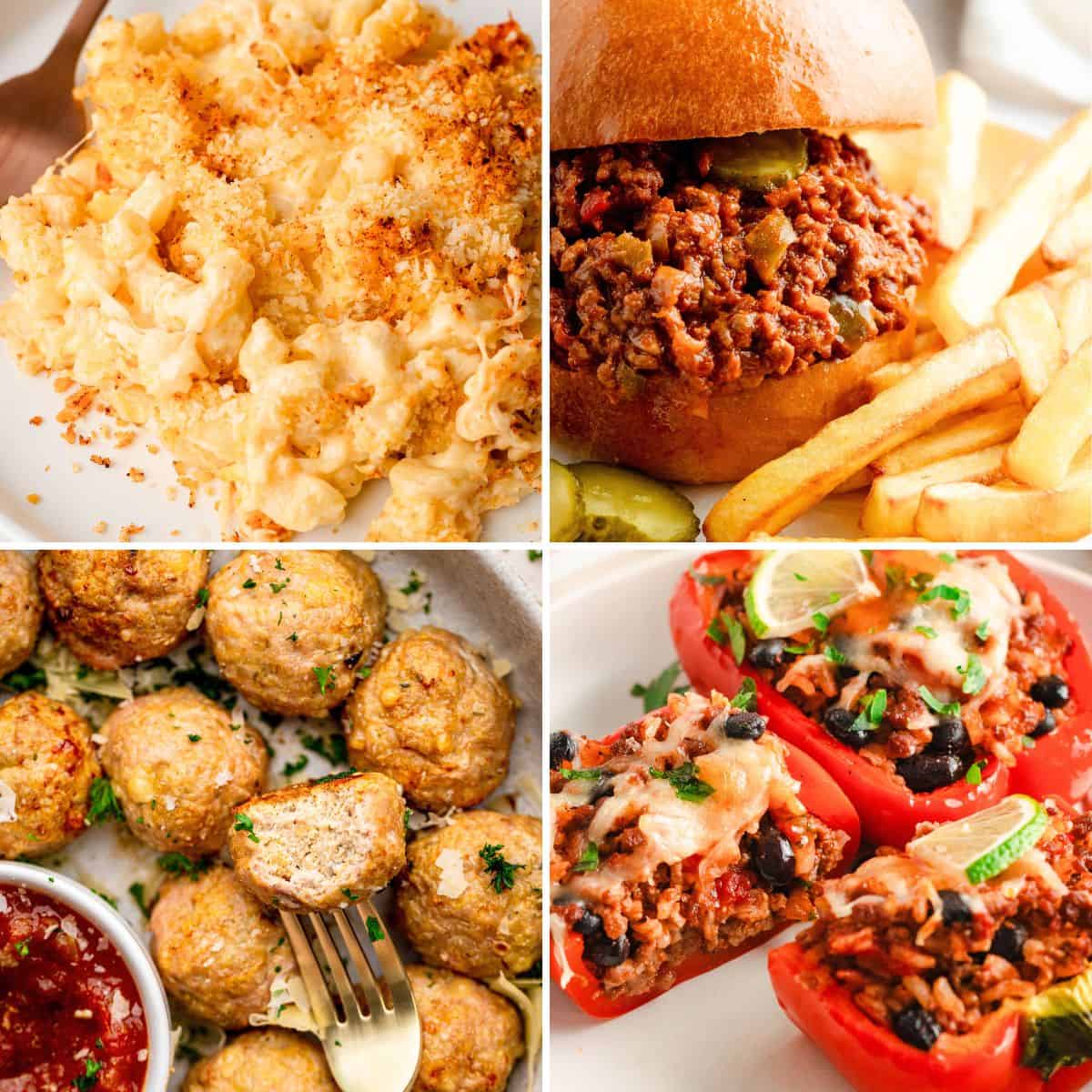 Collage of kid-friendly dinner ideas including baked mac and cheese, sloppy joes, meatballs, and stuffed peppers.
