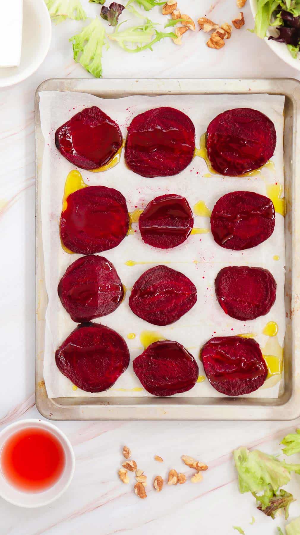 beet slices on baking sheet.