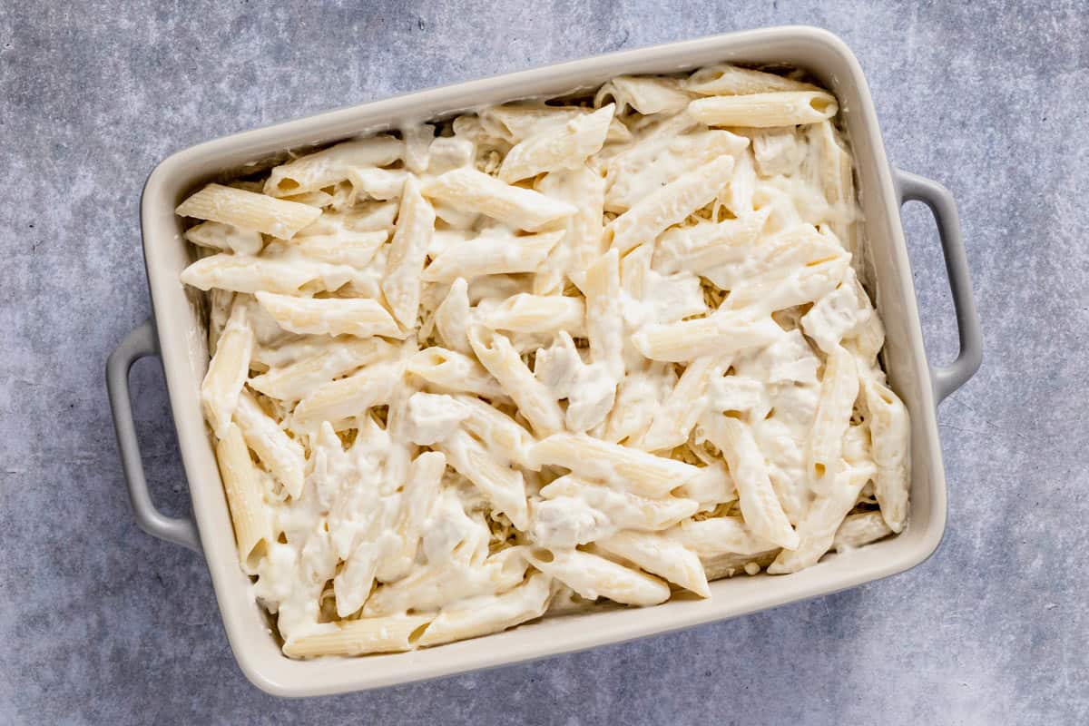 chicken alfredo pasta in baking dish