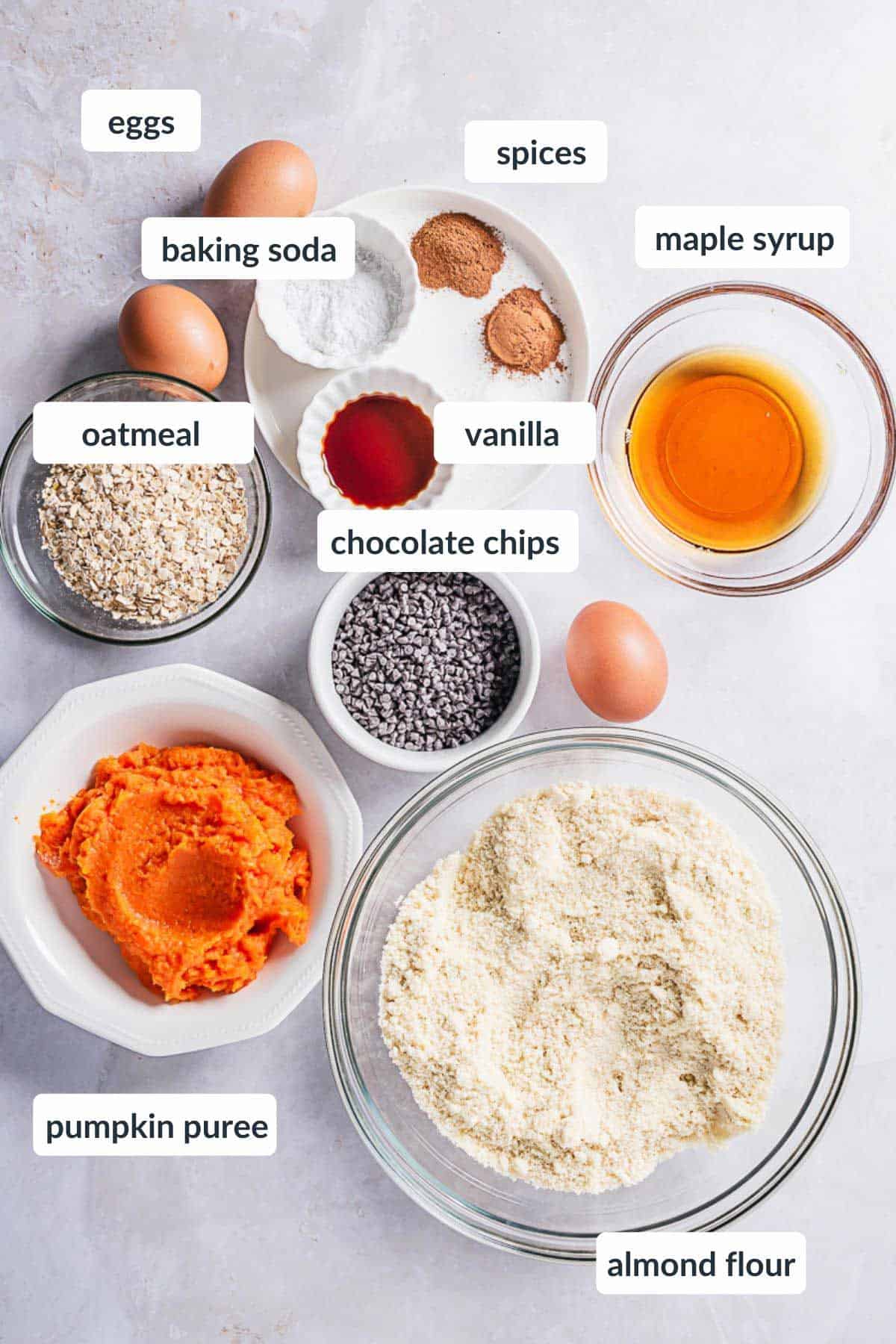 Ingredients for gluten free pumpkin bread on bright background