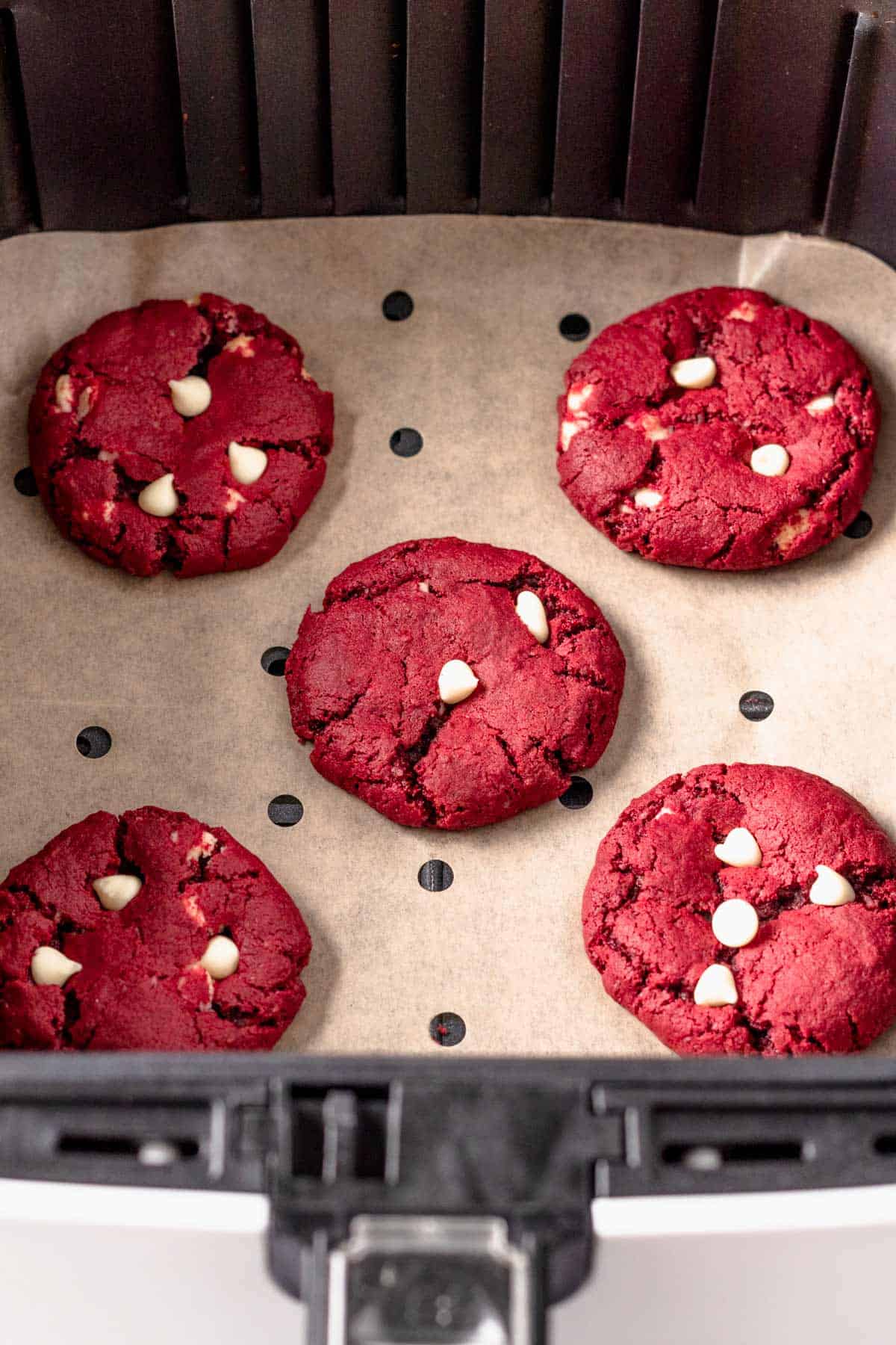 baked gluten free red velvet cookies in air fryer basket