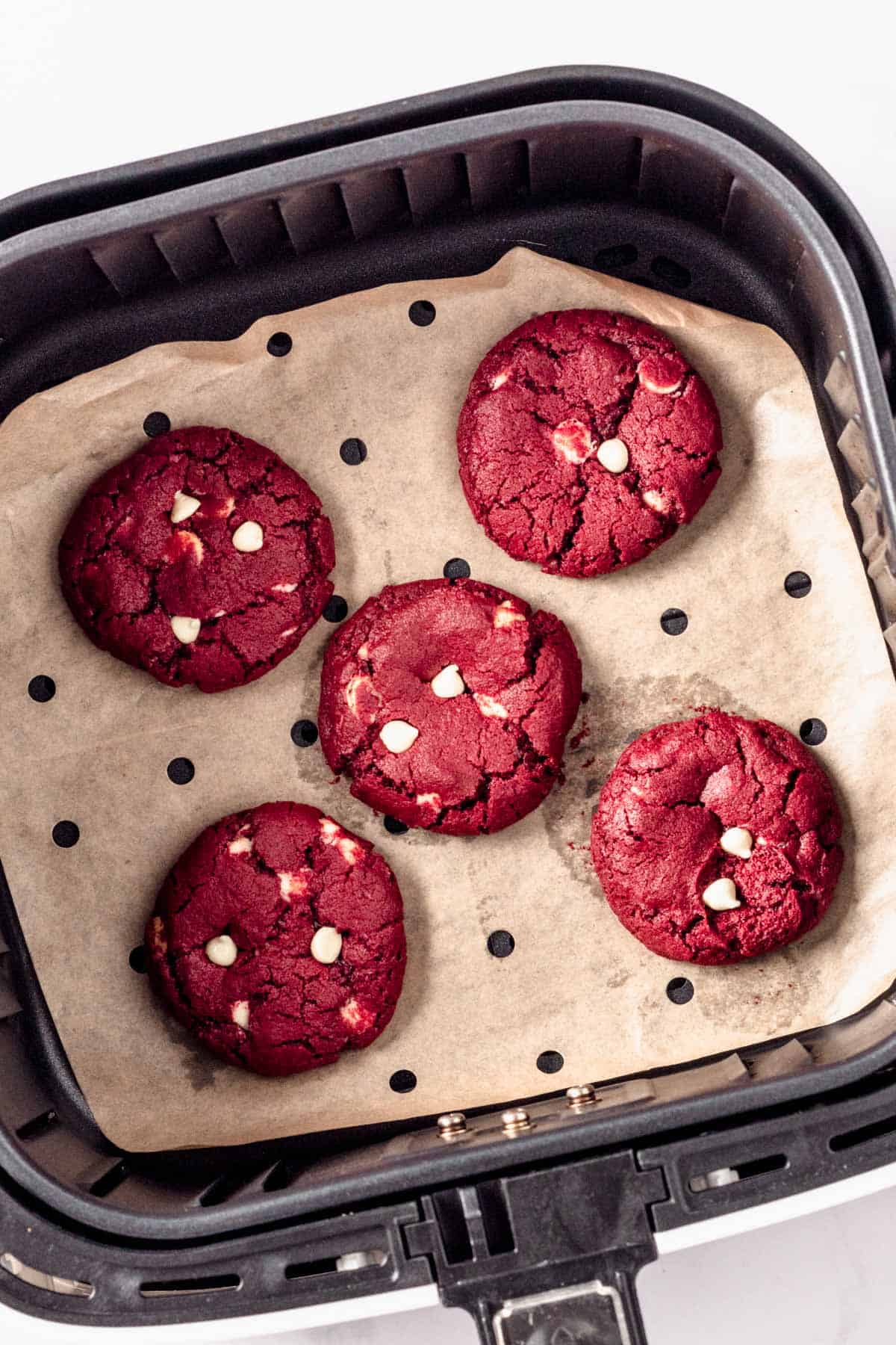 Red Velvet Cookies in air fryer right after baking