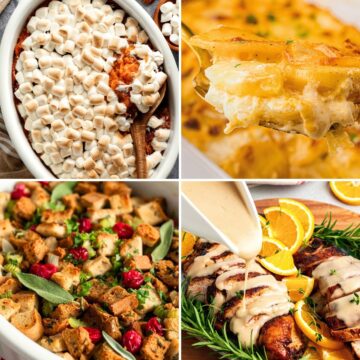Collage of gluten-free Thanksgiving dishes, including sweet potato casserole, scalloped potatoes, stuffing, and roasted turkey with gravy.