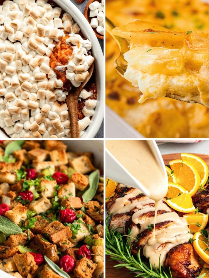 Collage of gluten-free Thanksgiving dishes, including sweet potato casserole, scalloped potatoes, stuffing, and roasted turkey with gravy.