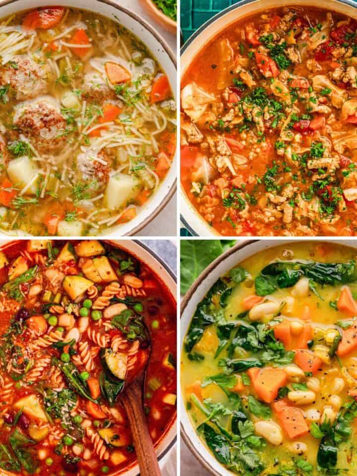 Collage of four colorful homemade soups with vegetables, beans, pasta, and herbs.
