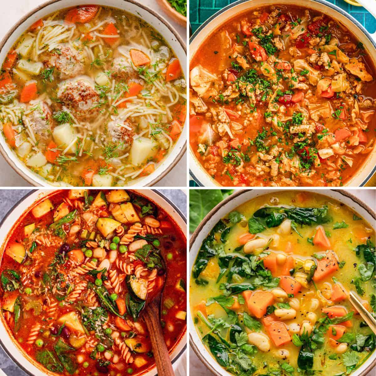 Collage of four colorful homemade soups with vegetables, beans, pasta, and herbs.