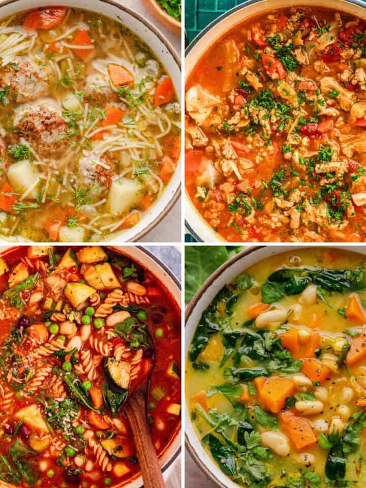 Collage of four colorful homemade soups with vegetables, beans, pasta, and herbs.
