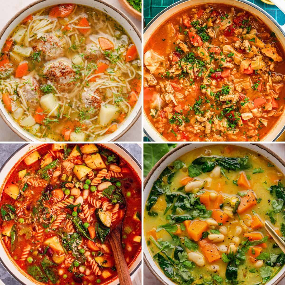 Collage of four colorful homemade soups with vegetables, beans, pasta, and herbs.