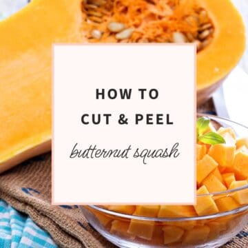 Butternut squash with peeled cubes and the text