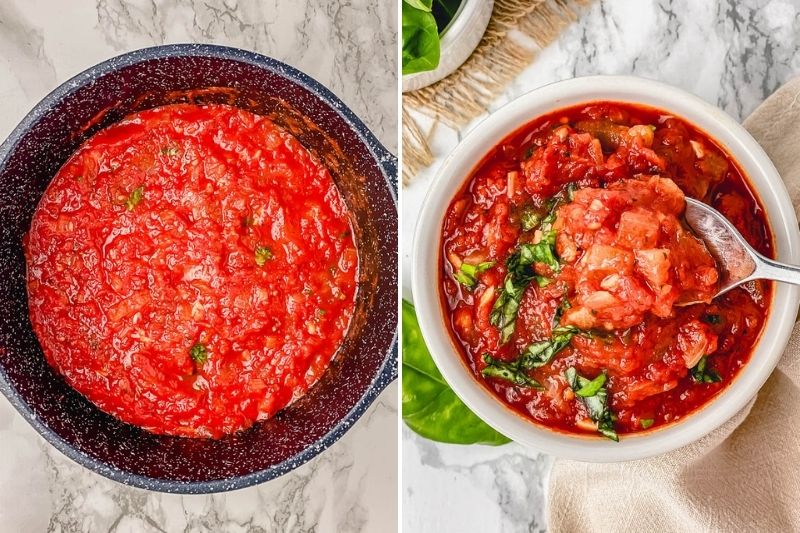 This is an easy and quick Marinara Sauce from scratch with rich, bright tomato flavor which will be ready in less than 30 minutes.  It works best with pasta, lasagne, pizza, or simply a delicious dip. You decide!  #homemademarinarasaucerecipe #quickmarinarasauce #homemadeeasymarinarasauce