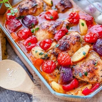 Final images of baked Mediterranean chicken thighs with potatoes, carrots and red onion plated and in casserole dish