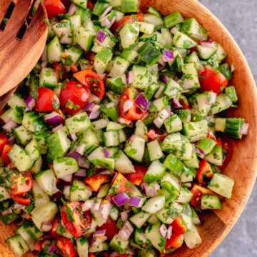 Mediterranean Cucumber Salad in a wooden bowl