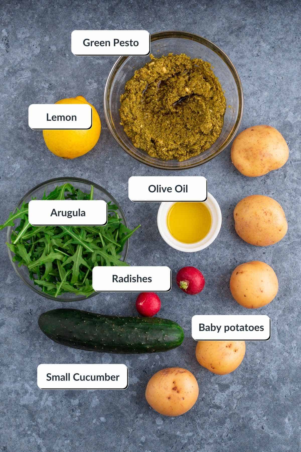 ingredients for pesto potato salad with labels