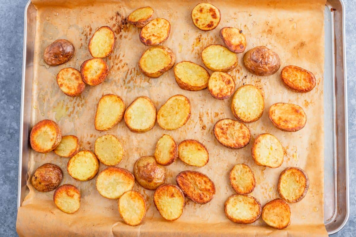baby potatoes slices and after baking in the oven