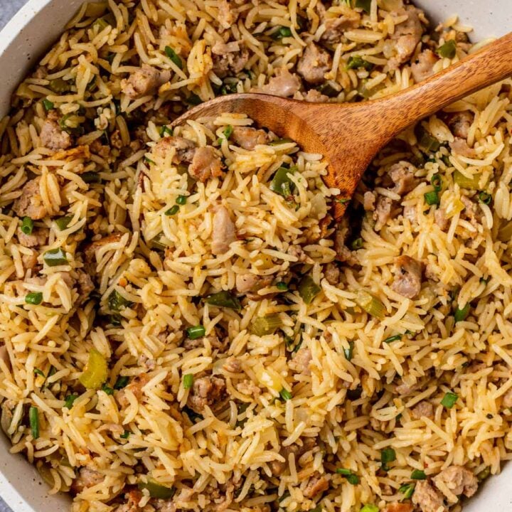Sausage Dirty Rice in the skillet