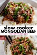 slow cooker mongolian beef over bed of rice and garnished with scallions