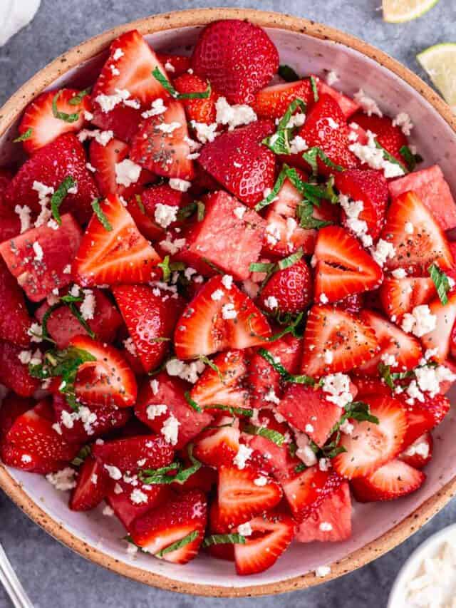 Strawberry Watermelon Salad in a white bowl