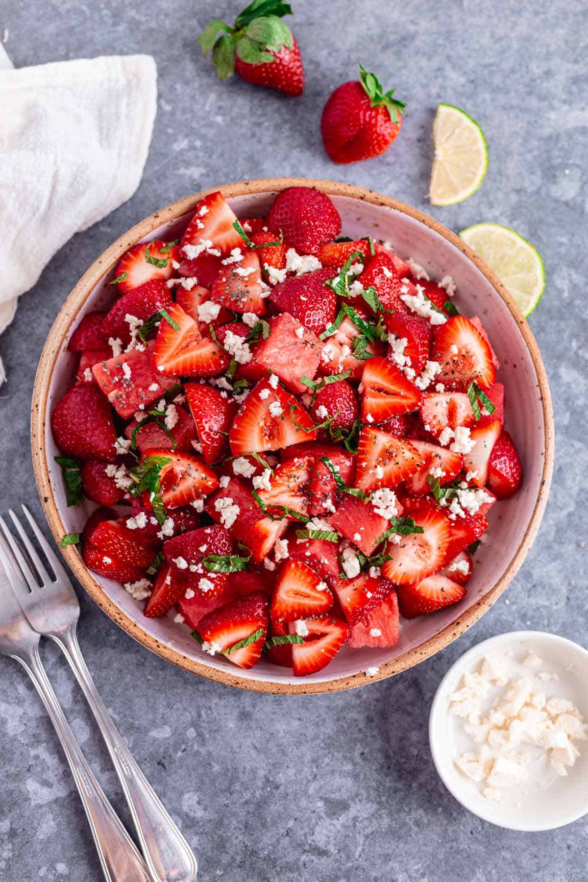 Strawberry Watermelon Salad in a white bowl