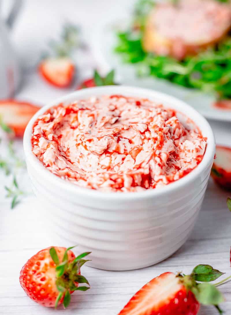 strawberry butter spread in a white bowl