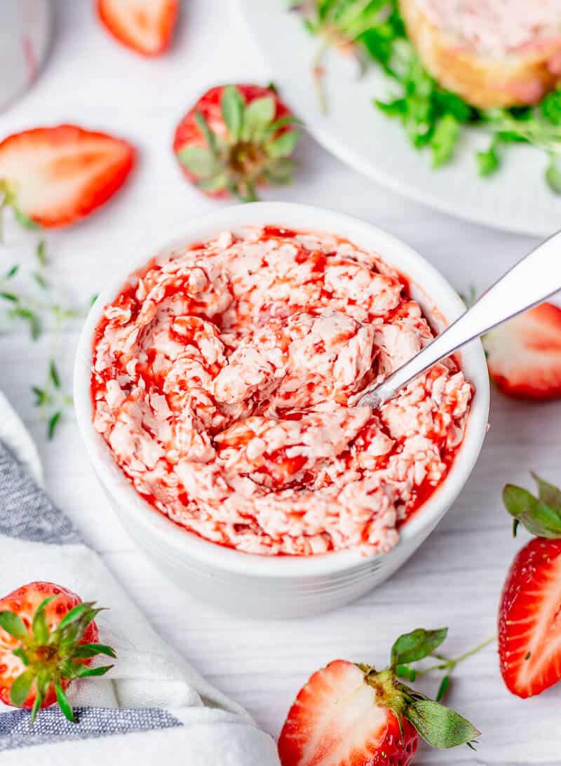 strawberry butter spread in a white bowl