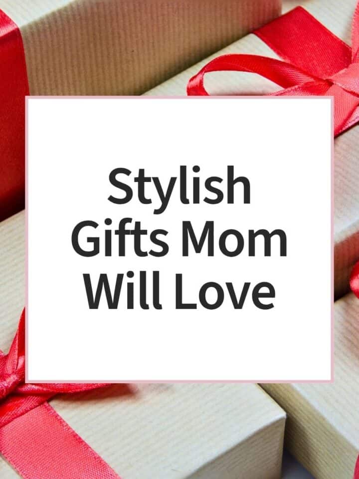 Elegant gift boxes with red ribbons for stylish mom gift ideas.