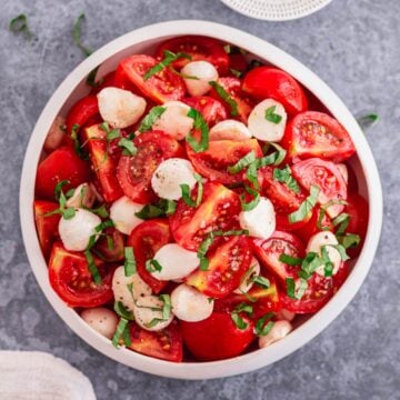 Tomato Mozzarella Salad in a white bowl