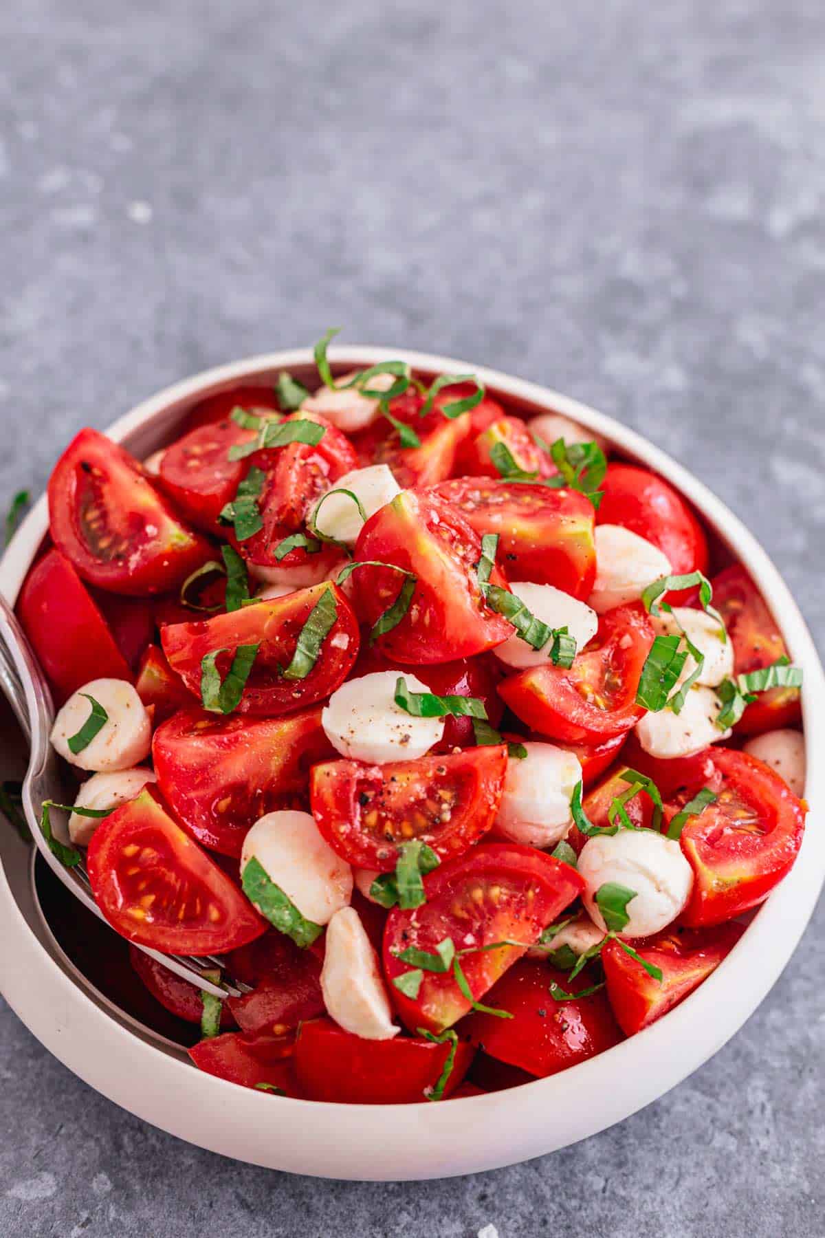 Tomato Mozzarella Salad in a white bowl