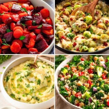 Collage of four side dishes including roasted beets and carrots, creamy Brussels sprouts, mashed potatoes, and quinoa kale salad.