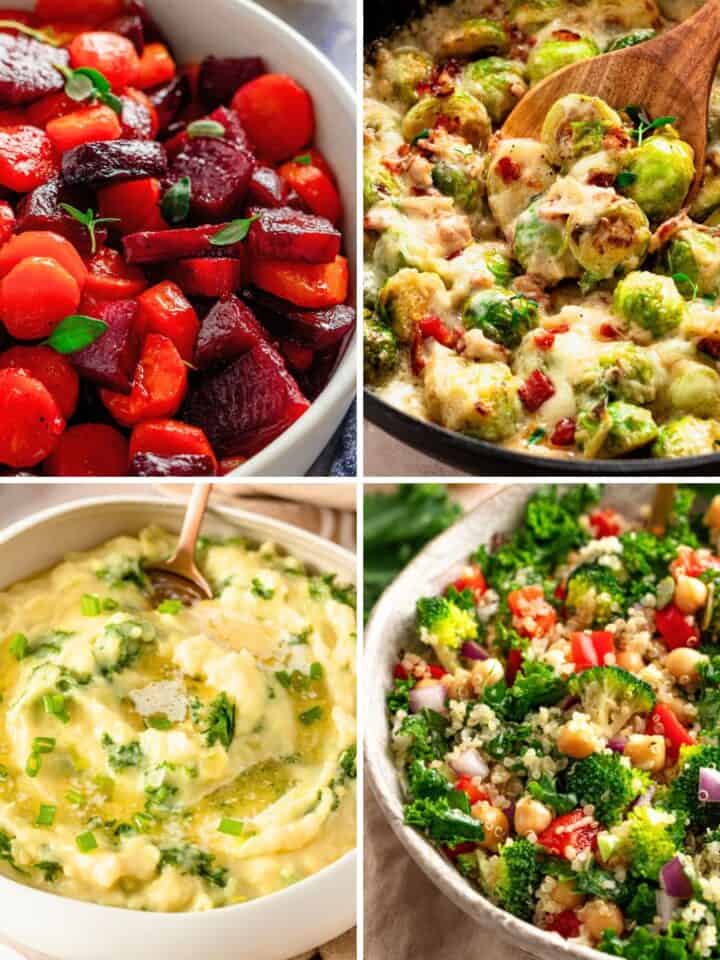 Collage of four side dishes including roasted beets and carrots, creamy Brussels sprouts, mashed potatoes, and quinoa kale salad.