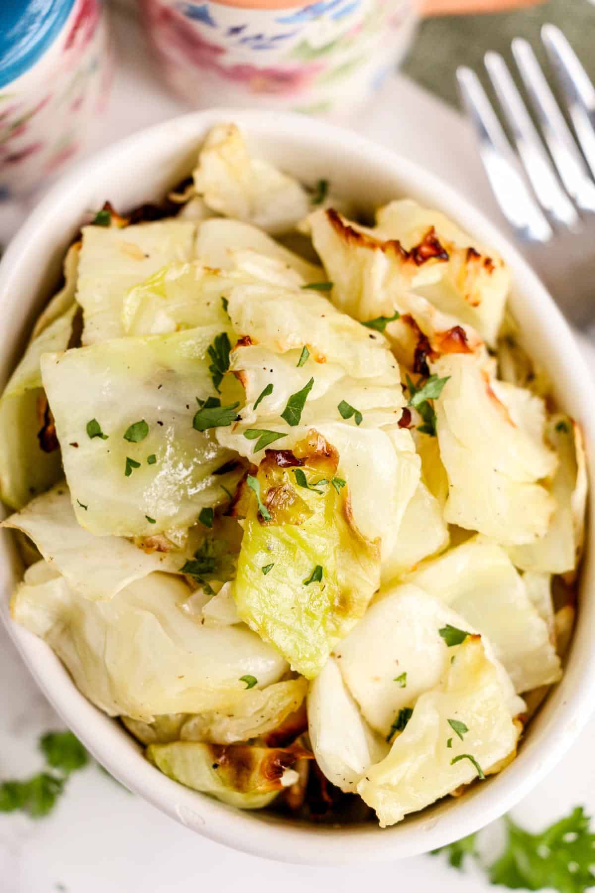 air fryer cabbage pieces in a bowl