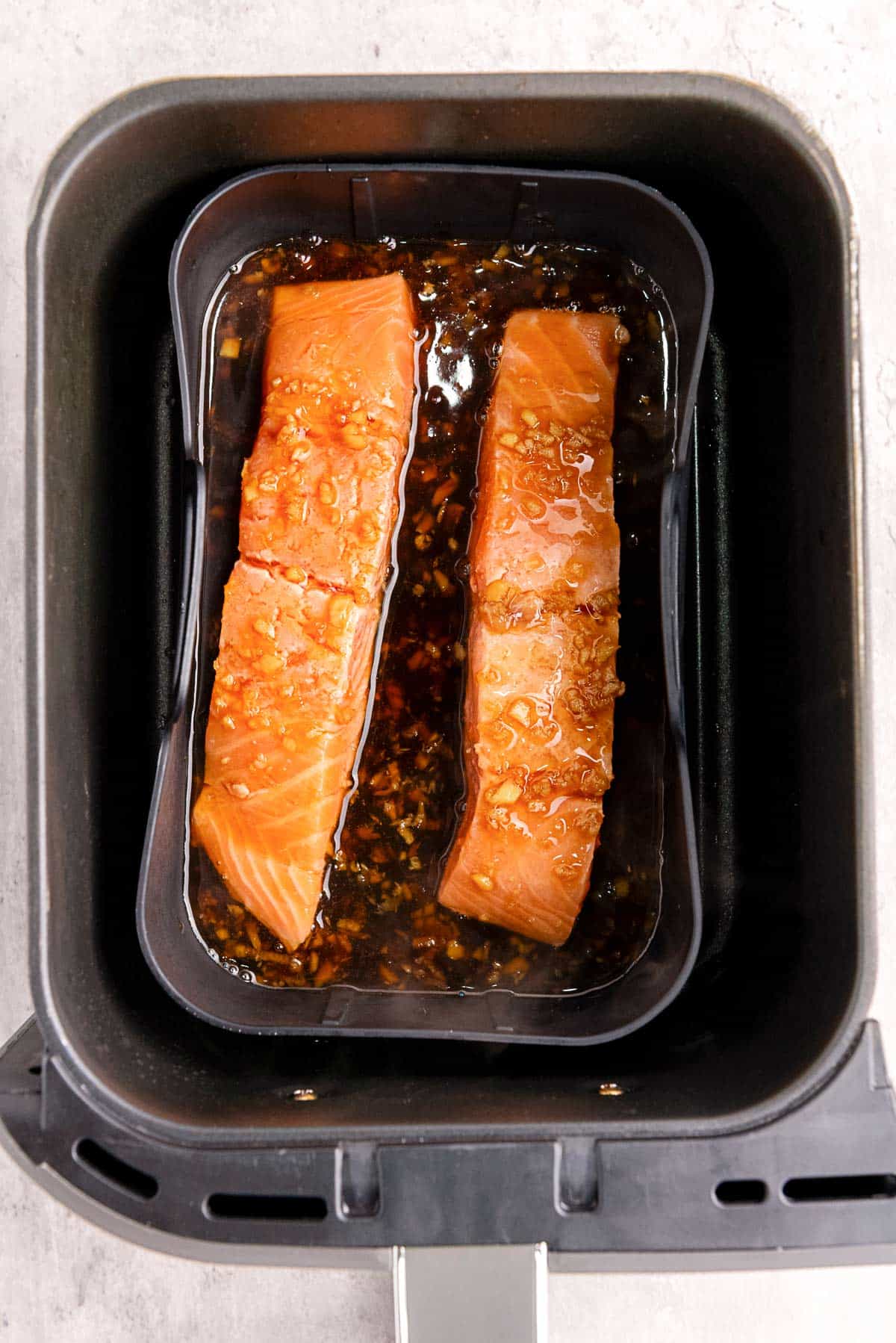 air fryer salmon with teriyaki sauce.