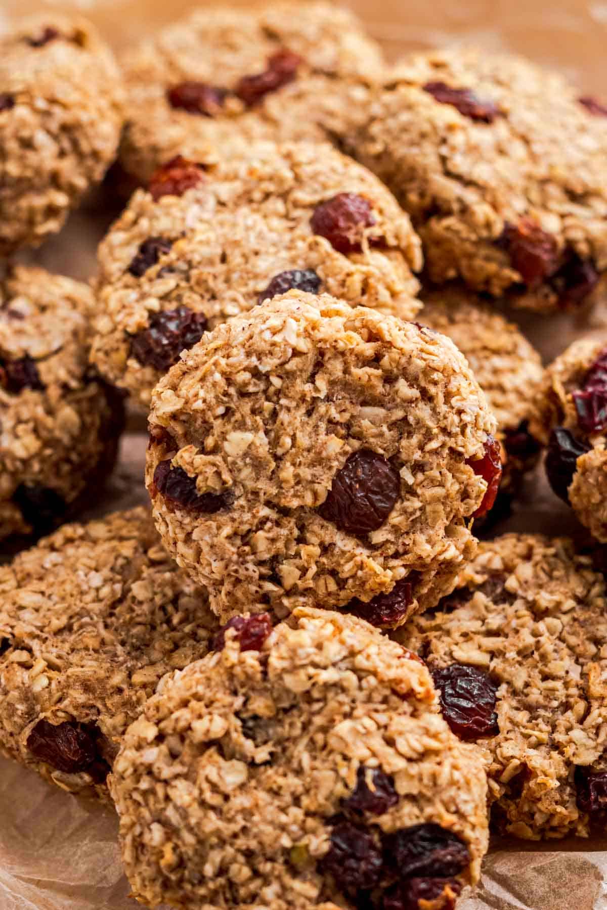 a stack of Apple oatmeal cookies with raisins.