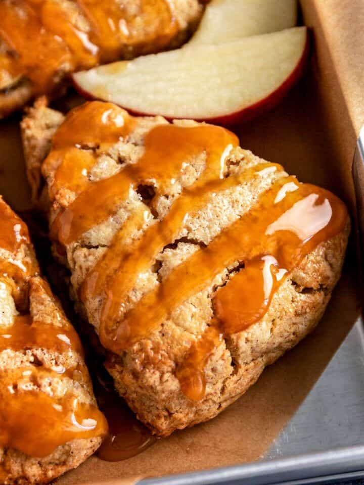 apple scones with caramel sauce drizzle.