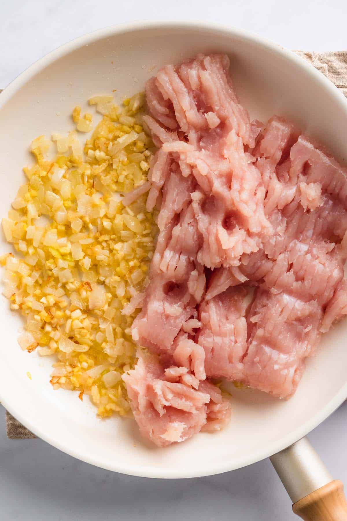 Raw ground chicken with minced garlic and ginger on plate.